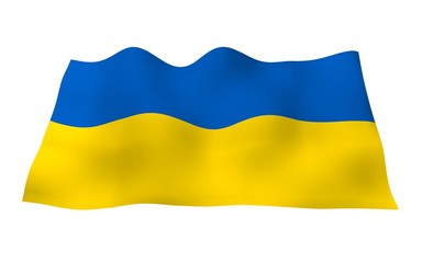The flag of Ukraine on a white background. National flag and state ensign. Blue and yellow bicolour. 3D illustration waving flag