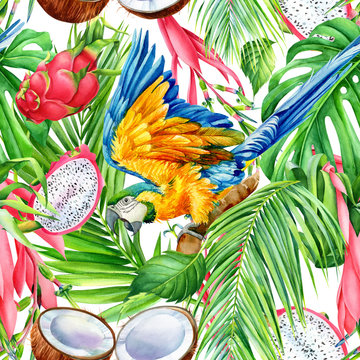 jungle  seamless  pattern, parrot, flowers, fruits and leaves on an isolated white background, watercolor painting