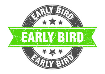 early bird round stamp with green ribbon. early bird