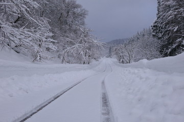 山間地の雪道。湯沢　秋田　日本。１月上旬。
