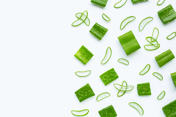 Aloe Vera cut pieces with slices on white background.