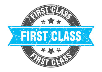 first class round stamp with turquoise ribbon. first class