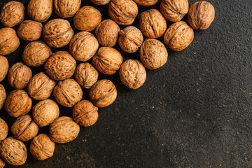 Walnuts, tasty and healthy (whole nuts) menu concept. food background. copy space. Top view 