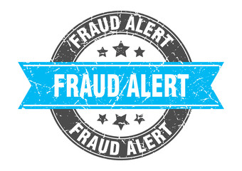 fraud alert round stamp with turquoise ribbon. fraud alert