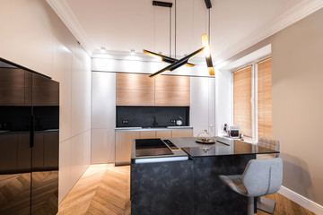 Minimalist wooden grey kitchen with handleless facades, impressive lamp, kitchen island and autumn decor, smart storage system. Kitchen room organization