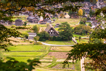 Beautiful aerial view of the UNESCO world heritage site, Shirakawa-go in autumn season