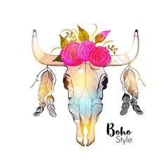 Poster de jardin Boho Tête de taureau colorée dans un style bohème.