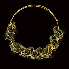 Boho style golden frame with feathers.