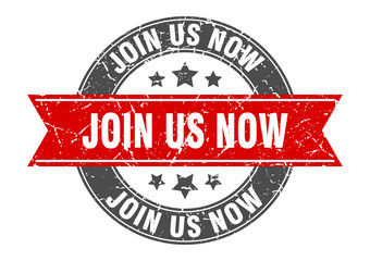 join us now round stamp with red ribbon. join us now