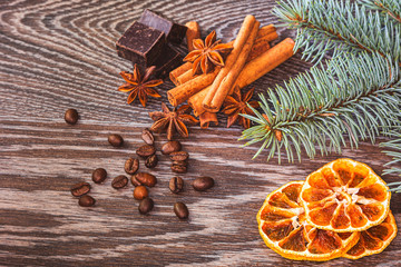 Christmas decorations on a wooden background