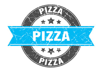 Fototapeta premium pizza round stamp with turquoise ribbon. pizza