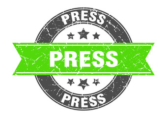 Fototapeta premium press round stamp with green ribbon. press