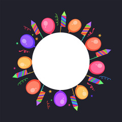 Abstract party background with colorful balloons and fire crackers.