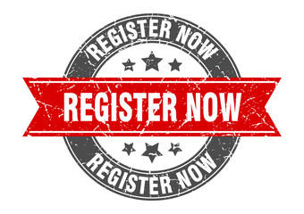 register now round stamp with red ribbon. register now