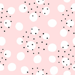 Seamless pattern with scattered round spots. Simple girly print. Abstract vector illustration.
