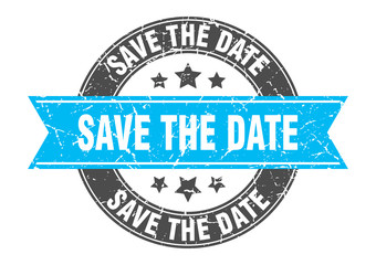 save the date round stamp with turquoise ribbon. save the date