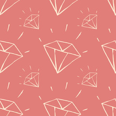 Diamond seamless pattern on a pink background. Outline hand drawn vector doodle illustration.