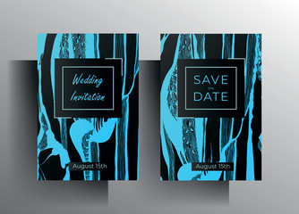 Design wedding invitation set of cards. A turquoise texture frame on a black background is manually drawn. Vector 10 EPS.