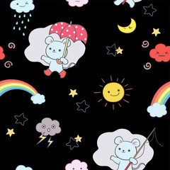 Little mouse holding an umbrella, and other weather related illustrations - seamless pattern