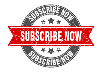 subscribe now round stamp with red ribbon. subscribe now