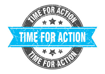 time for action round stamp with turquoise ribbon. time for action