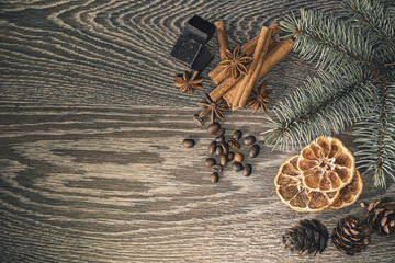 Christmas decorations on a wooden background