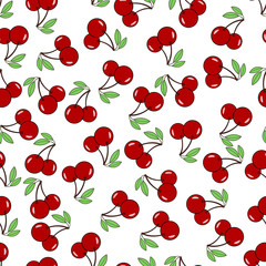 Seamless vector background with cherry berries. Red berries with leaves