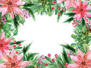 Watercolor hand drawn Poinsettia and mistletoe Botanical tree leaf garland chrstmas festival mix of seasonal plants and herbs for card frame border