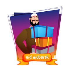Happy Muslim man with gift boxes on occasion of Islamic blessed festival Eid Mubarak.