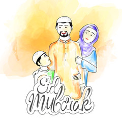 Colored illustration of Islamic Family for Eid Mubarak.