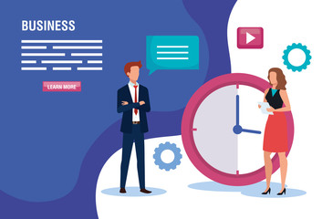 business couple with clock and icons vector illustration design