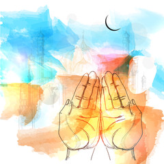 Colored sketch of praying hands with Mosque.