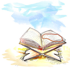 Sketch of Islamic Holy Book Quran or Koran with Rosary.