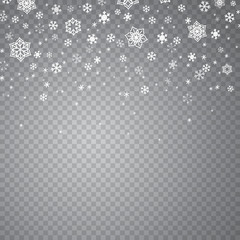 Snow flakes falling isolated on transparent background. Vector christmas snowfall overlay texture, white snowflakes flying in winter air.