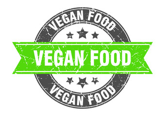 vegan food round stamp with green ribbon. vegan food