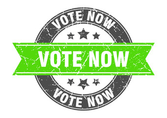 vote now round stamp with green ribbon. vote now