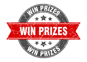 win prizes round stamp with red ribbon. win prizes