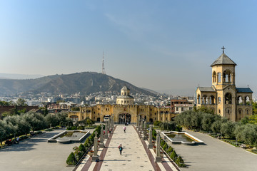 Around view of The Holy Trinity Cathedral of Tbilisi (Sameba) and buildings in old Tbilisi