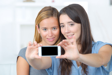 two young ladies taking selfie with smartphone