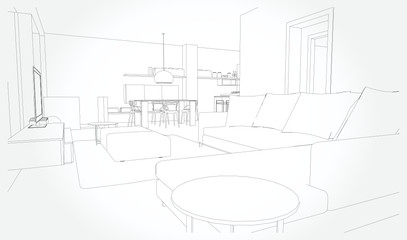 Linear sketch of an interior. Sketch Line living room . Vector illustration.outline sketch drawing perspective of a interior space