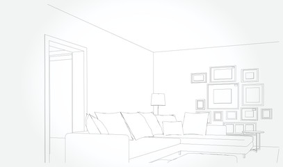 Linear sketch of an interior. Sketch Line living room . Vector illustration.outline sketch drawing perspective of a interior space