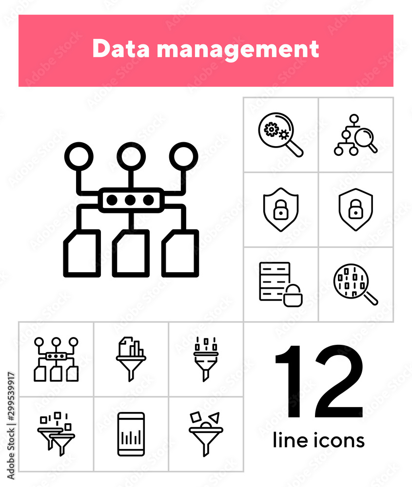 Poster data management line icon set. connection, technology, searching. database concept. can be used for 
