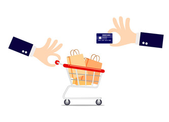 Hand holding a credit card with shopping cart isolated on white background.