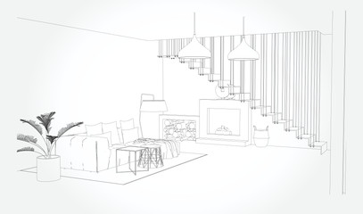 Linear sketch of an interior. Sketch Line living room . Vector illustration.outline sketch drawing perspective of a interior space