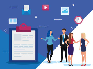 group of business people with clipboard and icons vector illustration design