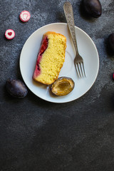 plum pie (delicious dessert, pastries with fruit) menu concept. food background. copy space. Top viev