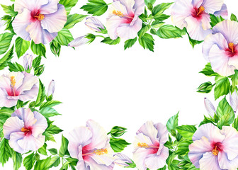 Frame  of hibiscus flowers, green leaves, buds. Greeting card with space for text, wedding invitation. Botanical painting, on a white background, watercolor.