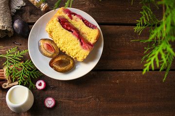 plum pie (delicious dessert, pastries with fruit) menu concept. food background. copy space. Top viev