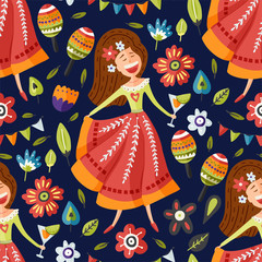 Seamless vector pattern with dancing happy Mexican girl flat cartoon illustration. Latin woman in tradition dress with margarita cocktail carnival background.