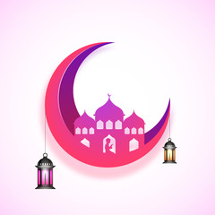 3D Pink Moon with Mosque for Ramadan Kareem.